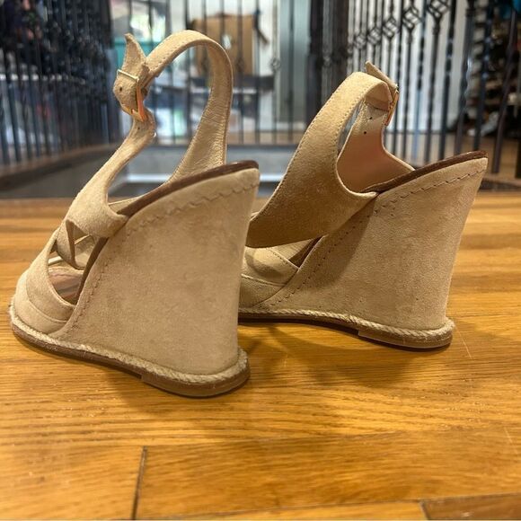 Revolve Paloma Barcelo Rope Detail Tan Suede Crisscross Wedge Round Toe Sandal - Picture 8 of 8